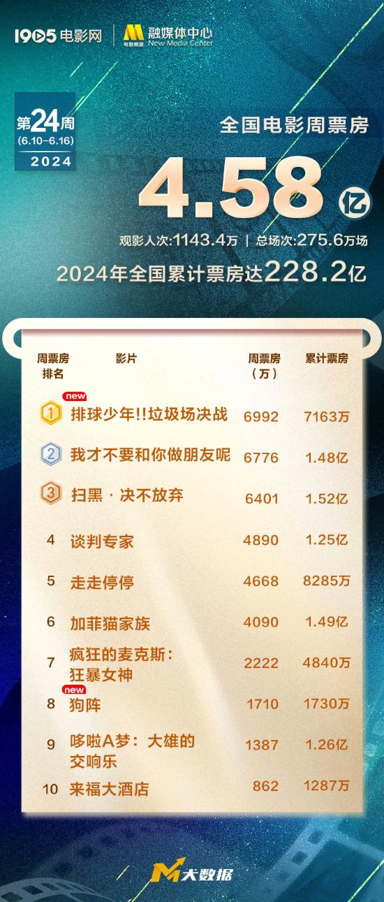 2024全年电影票房达228.2亿 《排球少年》夺周冠-第1张图片-九妖电影