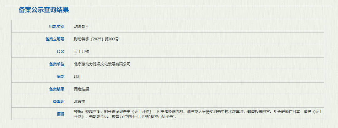 动画电影《天工开物》备案立项！导演陆川任编剧-第1张图片-旧杳电影网