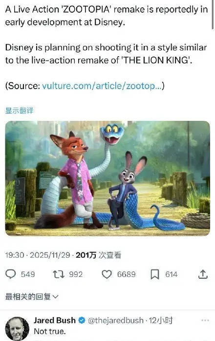 《疯狂动物城》将拍摄真人版？导演发文否认-第1张图片-旧杳电影网
